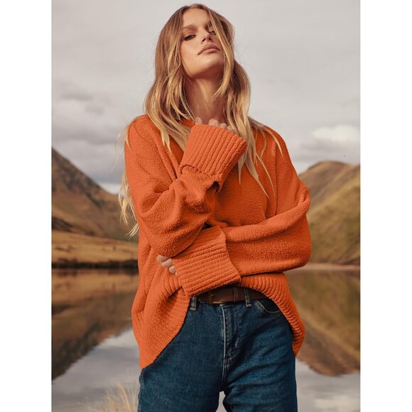 Women's Oversized Sweater Fuzzy Orange Long Sleeve Casual Chunky Pullover - Picture 4 of 8